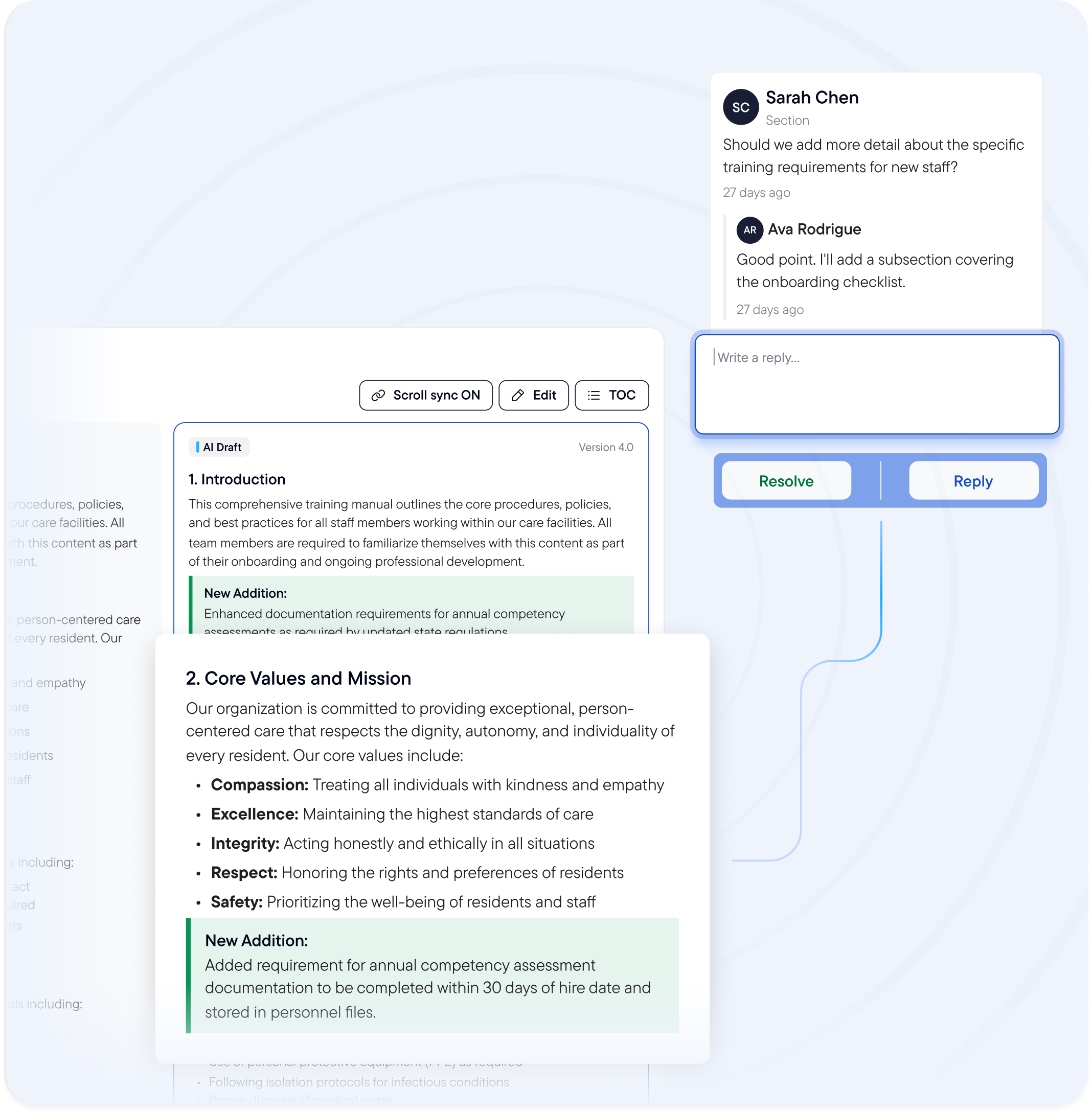 Split document editor with structured sections and collaboration comments